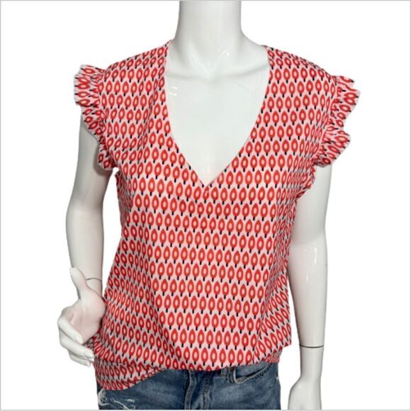 NWT Recycled Orange Graphic Print V-Neck Ruffle Sleeve Top -- L - Picture 3 of 12